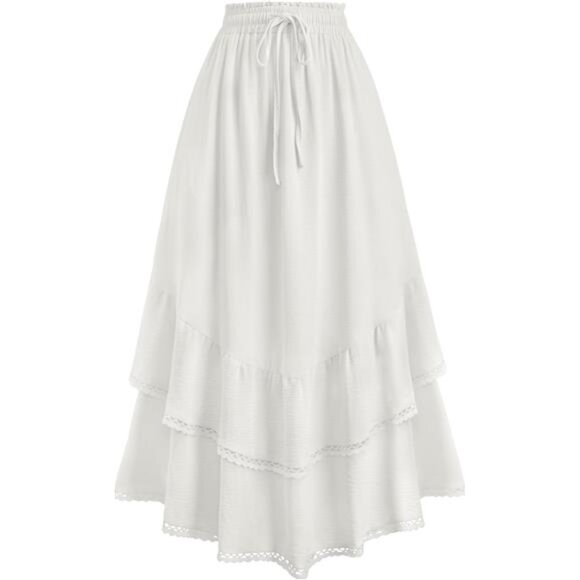 Maxi Skirts High Waist Drawstring with Pockets White - Picture 1 of 6